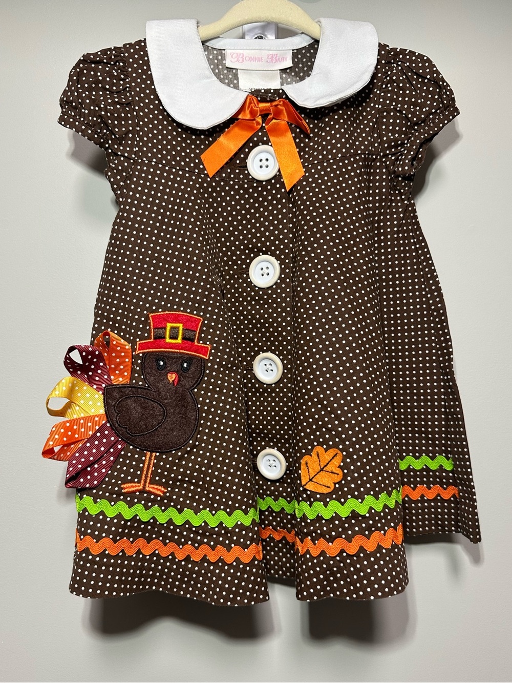 Bonnie Baby Brown Polka Dot Turkey Appliqué Dress with Orange Ribbon